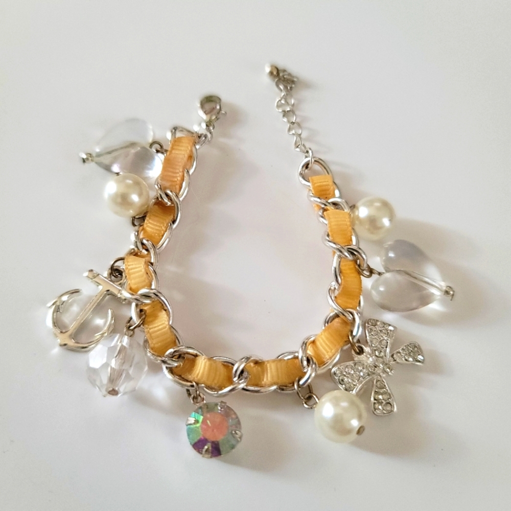Elegant Silver Charm Bracelet Bow Pearls Gems‎ Anchor